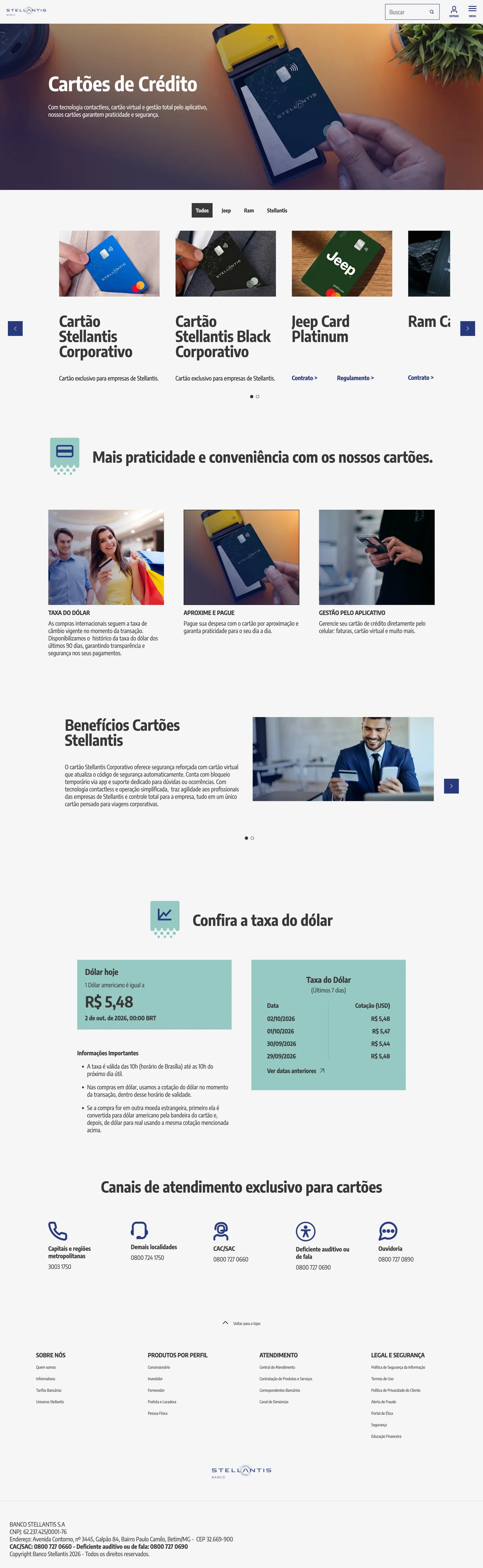 Credit cards page of Banco Stellantis: the cards filtered by brand, card benefits, the dollar exchange rate of the last days and the customer service channels.