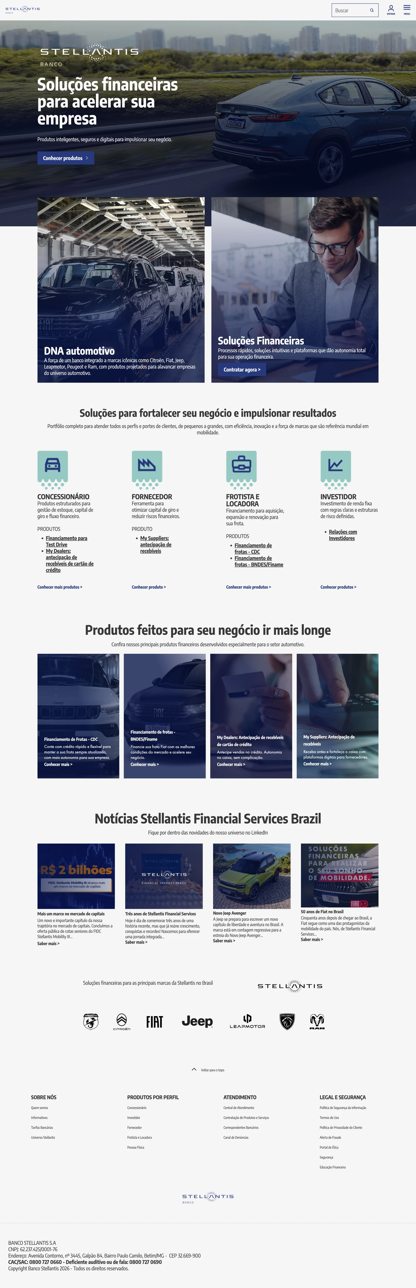 Full home page of Banco Stellantis: a hero for business financial solutions, two highlight cards, products by profile (dealership, supplier, fleet and rental, investor), featured products, news, the Stellantis brands and the footer.