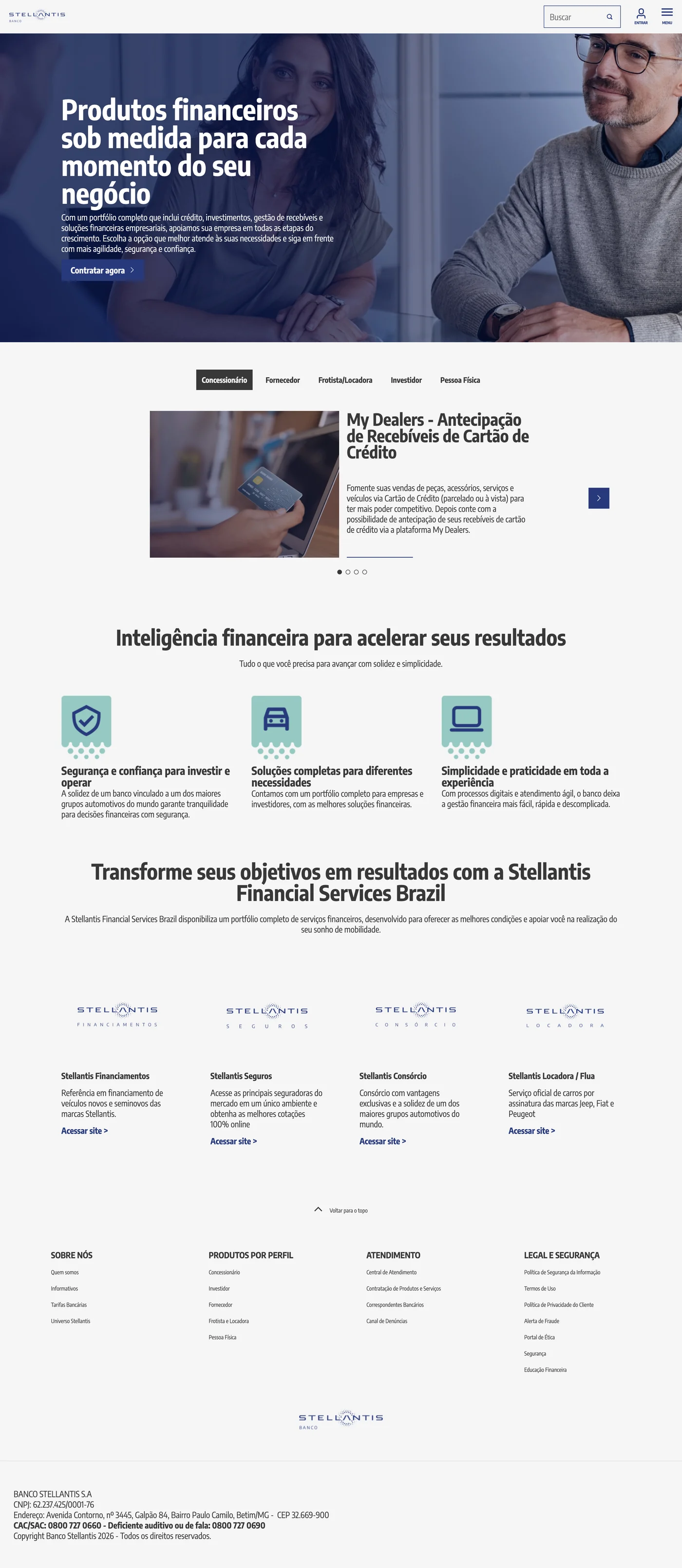 Products page of Banco Stellantis with tabs for each profile (dealership, supplier, fleet and rental, investor, individual), a product carousel, three value points and the Stellantis financial services companies.