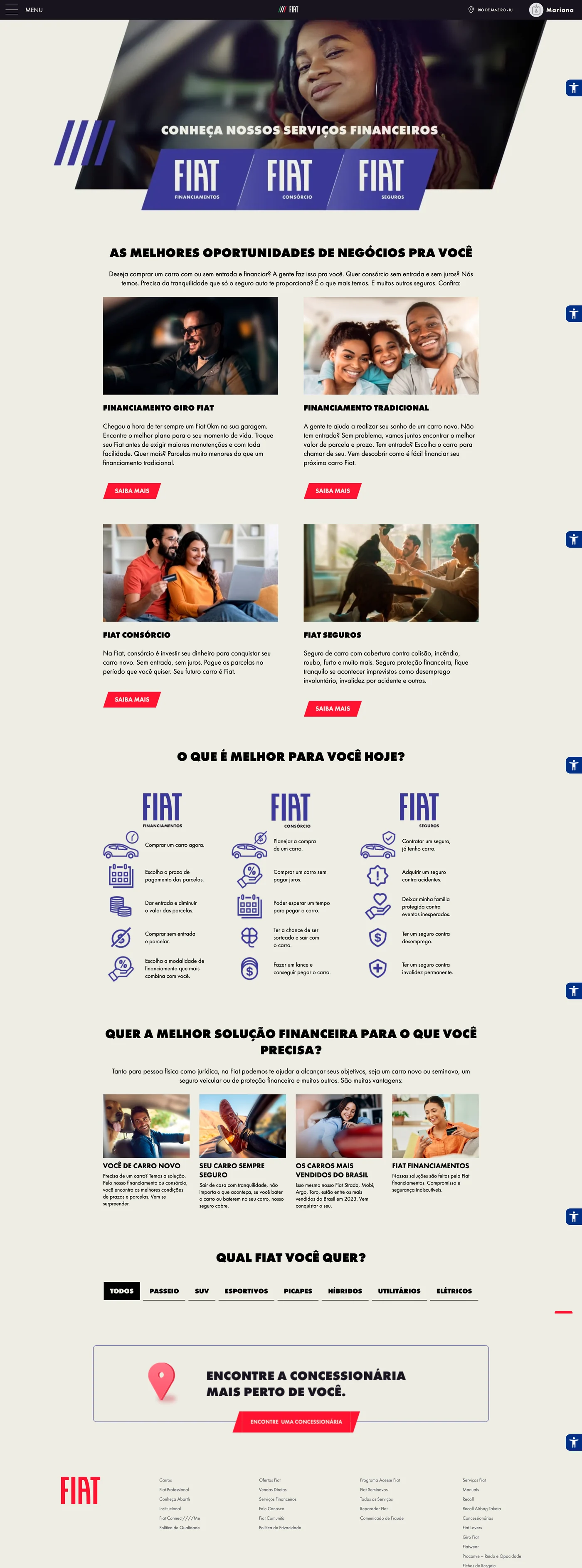 Fiat financial services page: a hero with the financing, consortium and insurance brands, a card for each service, a comparison of what each one is best for, featured topics and the car finder.