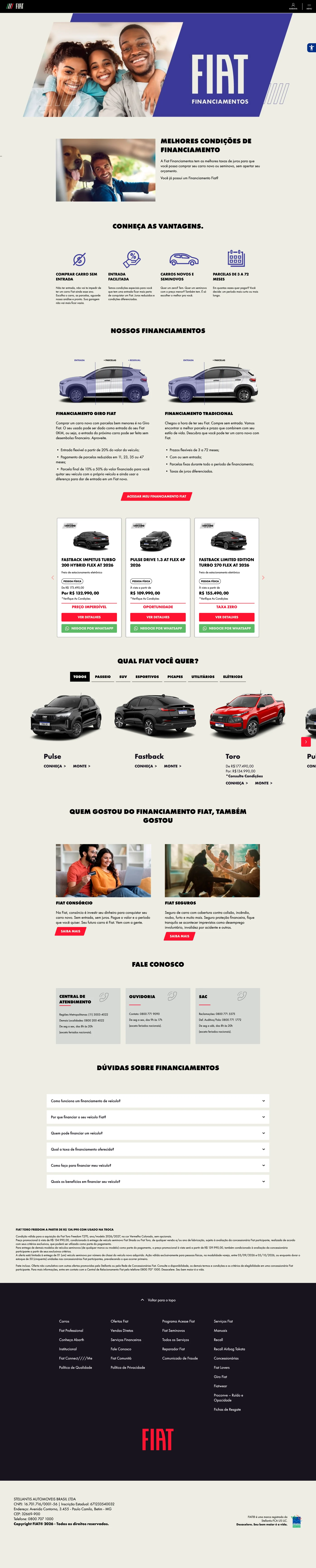Fiat financing page: the advantages, the two types of financing, current offers, the car models, related services, contact channels and frequent questions.