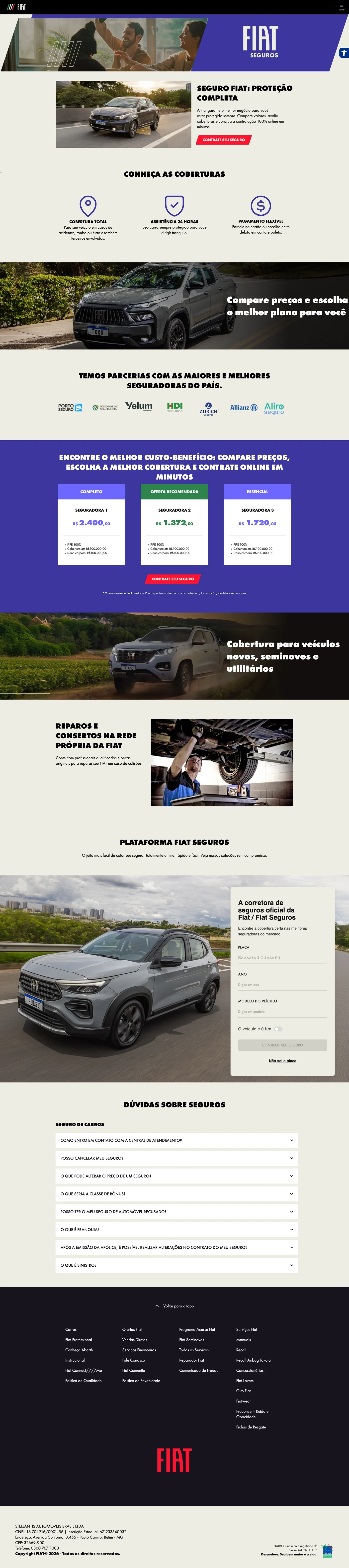 Fiat insurance page: the coverages, partner insurers, a comparison of plans, the repair network, a quote form and frequent questions.
