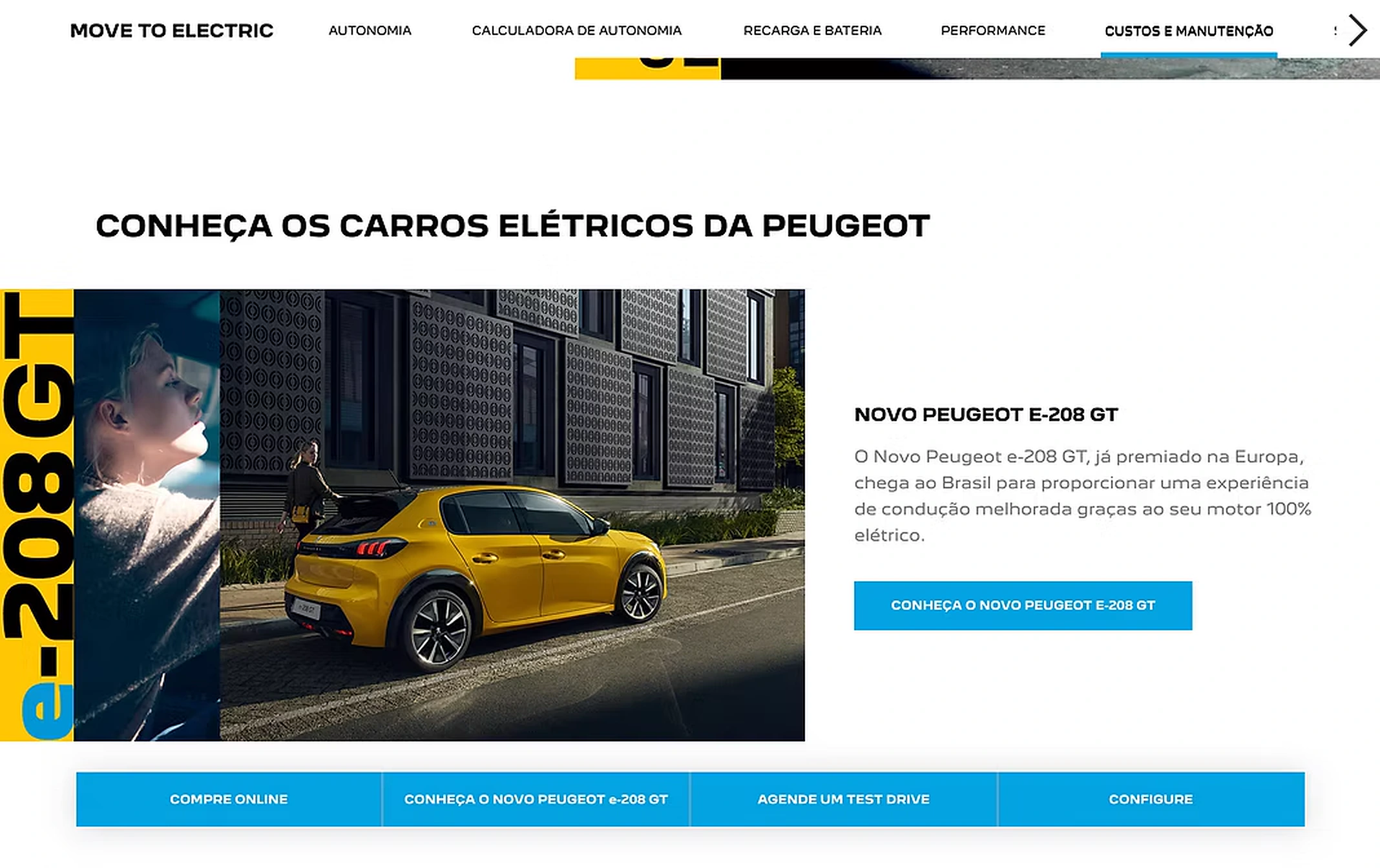 Electrification Guide: the section presenting Peugeot's electric cars, with the e-208 GT and buttons to buy online, see the car, book a test drive and build your own.