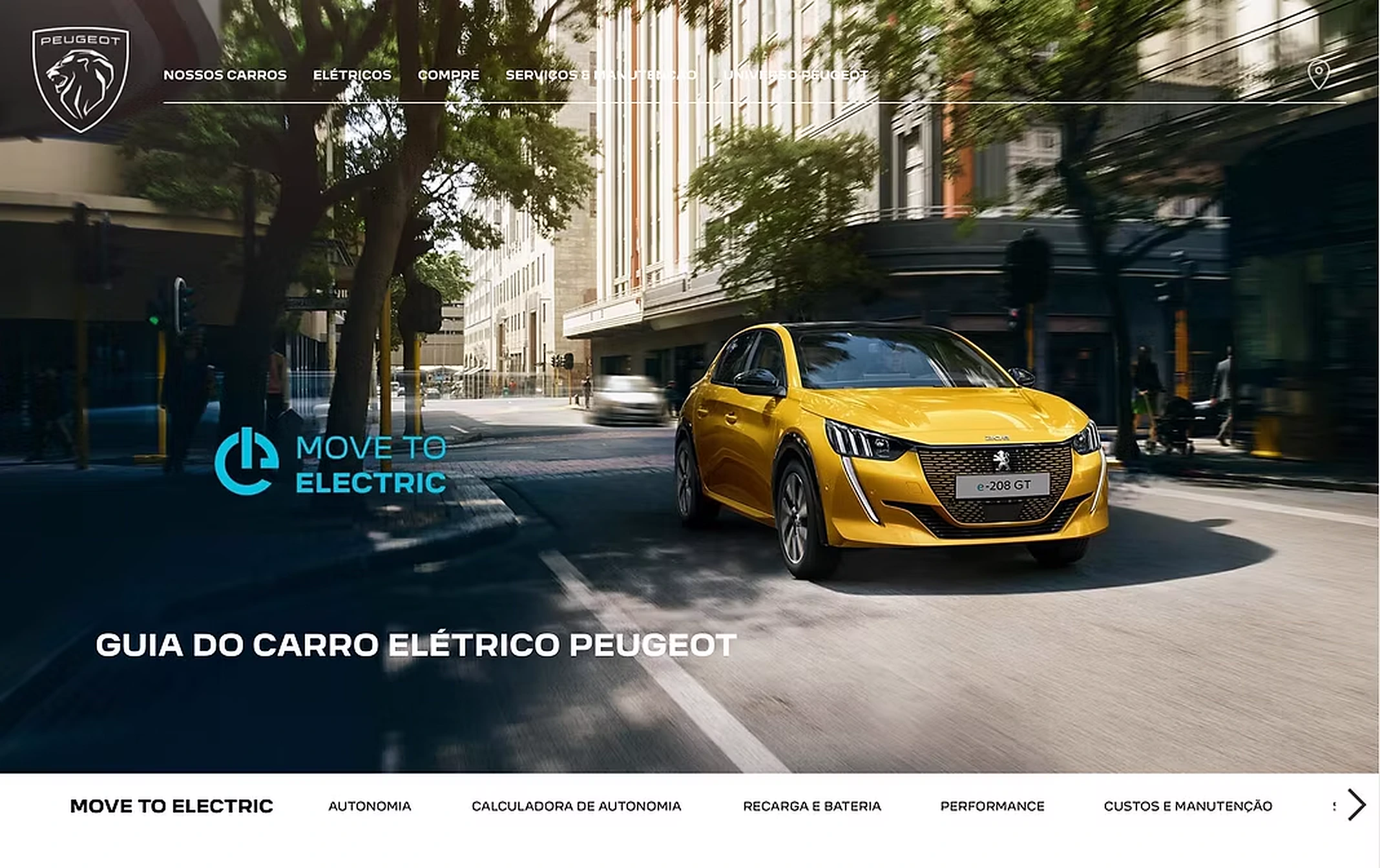 Electrification Guide hero: the yellow e-208 GT on a city street, the Move to Electric seal and the title Peugeot electric car guide, with the topic tabs below.