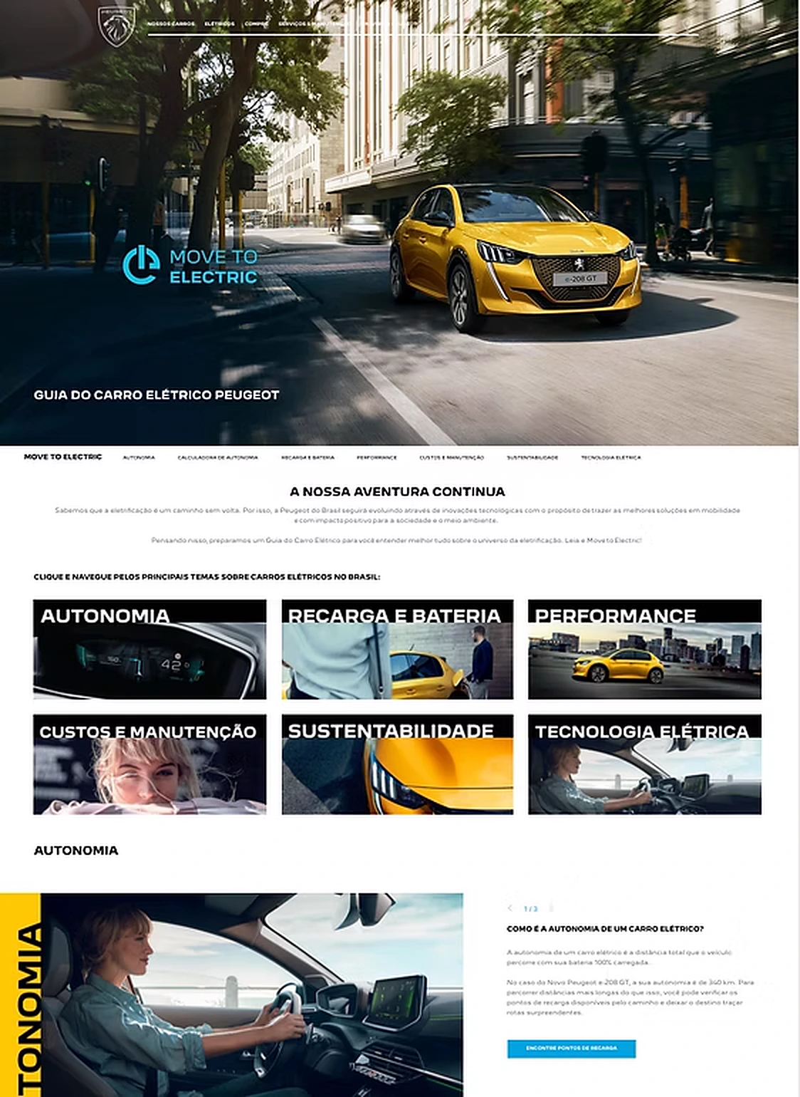 Electrification Guide: the introduction and six topic cards (range, charging and battery, performance, costs and maintenance, sustainability, electric technology), followed by the range topic.
