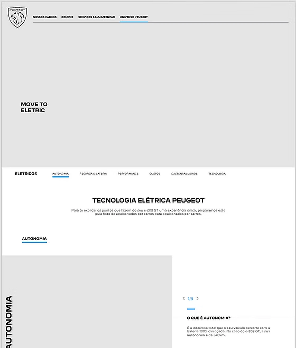 Wireframe of the Electrification Guide: a hero, tabs for range, charging and battery, performance, costs, sustainability and technology, and the first topic, range.