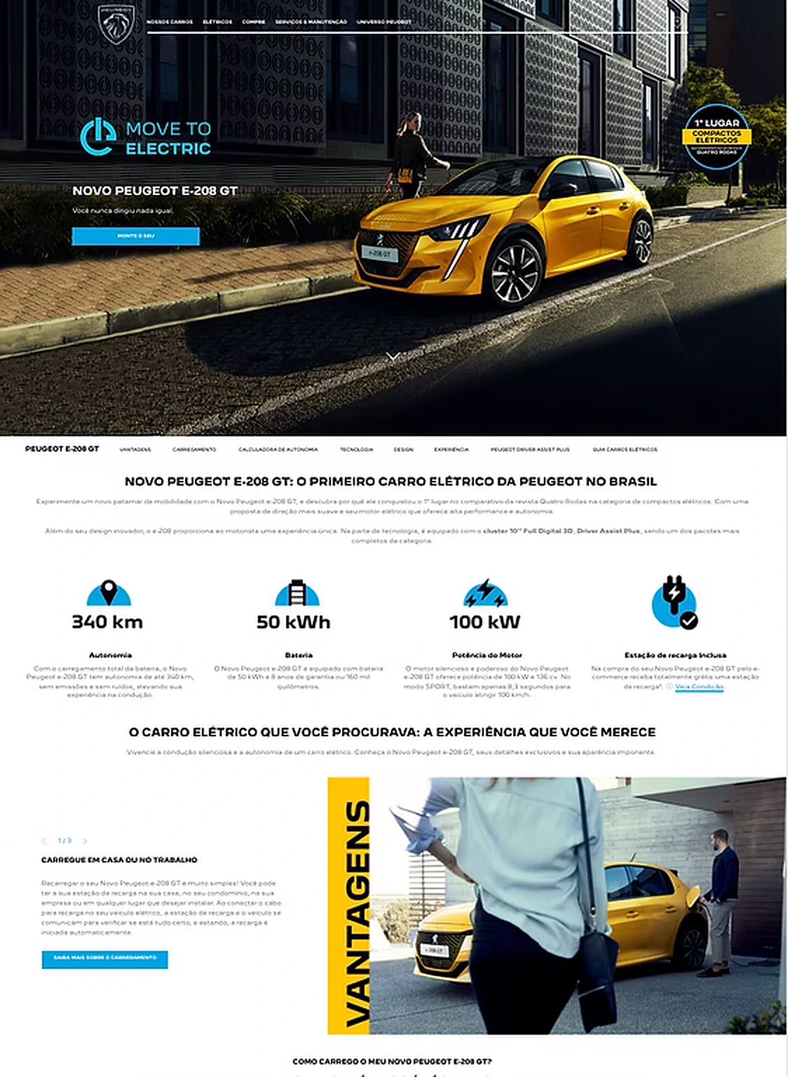 e-208 GT product page: the introduction, the key figures (340 km of range, 50 kWh battery, 100 kW motor, charging station included) and the advantages section.