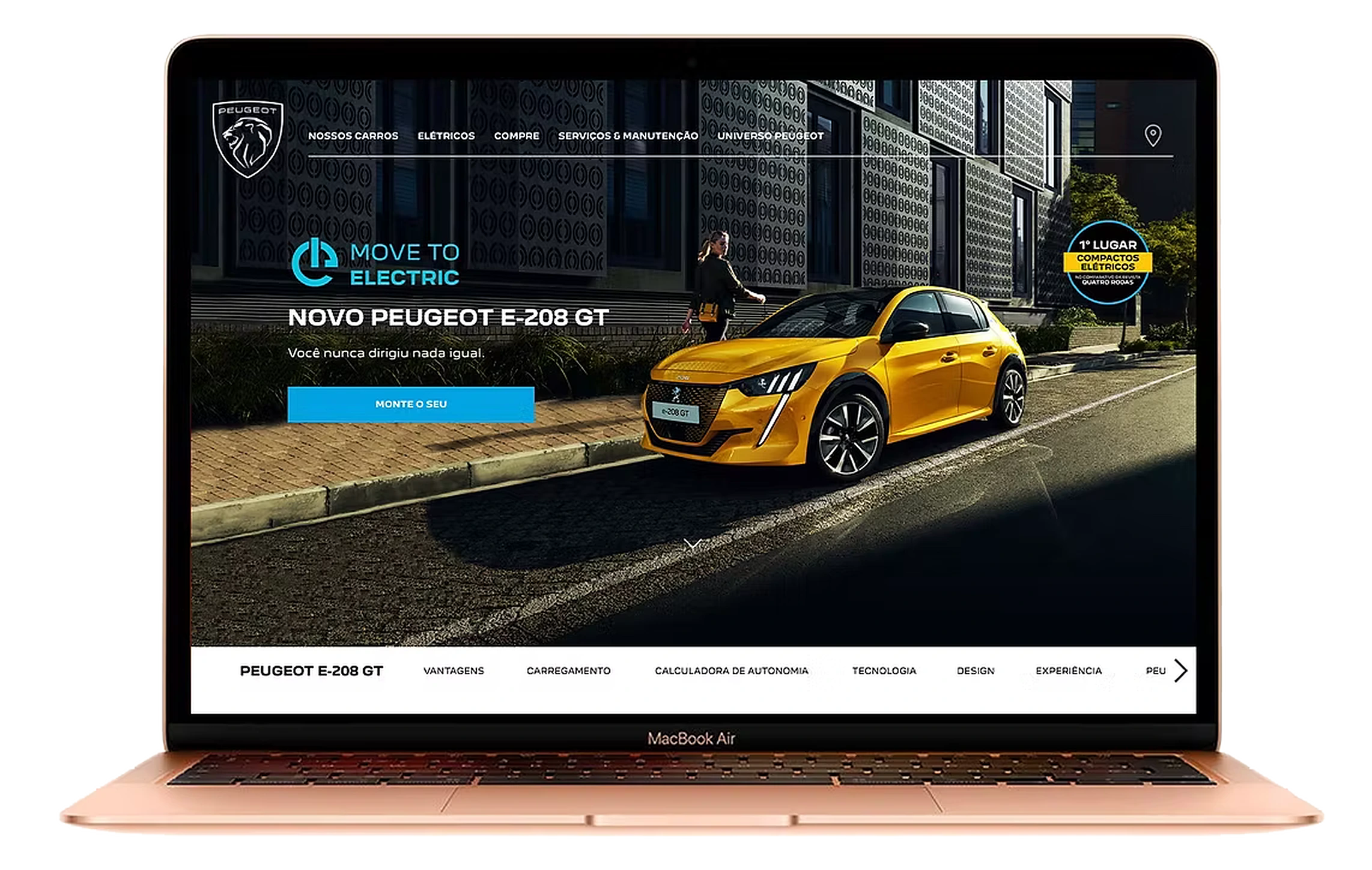 The e-208 GT product page on a laptop: a hero with the yellow e-208 GT, the Move to Electric seal and tabs for advantages, charging, range calculator, technology, design and experience.