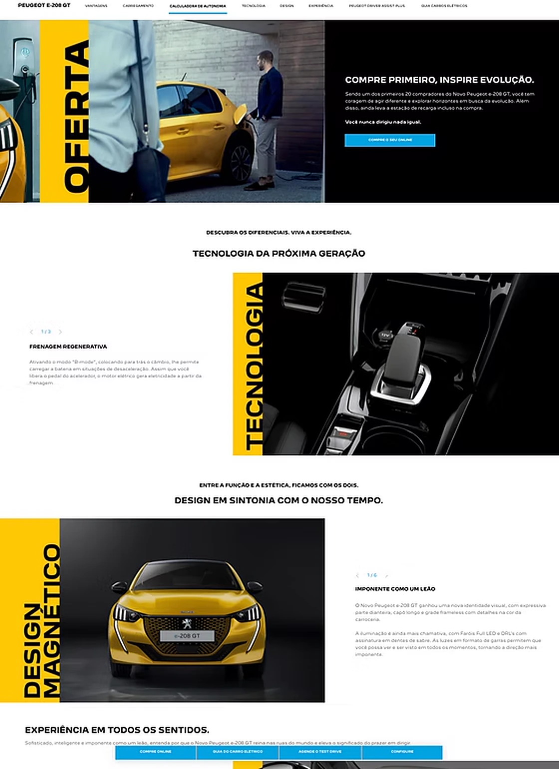 e-208 GT product page: the launch offer, the technology section with regenerative braking, and the design section.