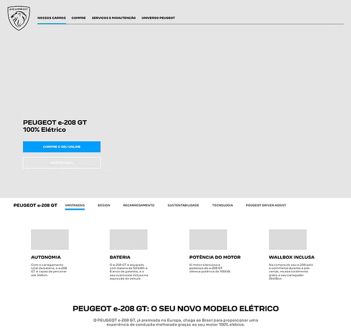 Wireframe of the e-208 GT product page: a hero with the model name and buttons to buy online or build your own, tabs for the page sections, and four key advantages: range, battery, motor power and wallbox.