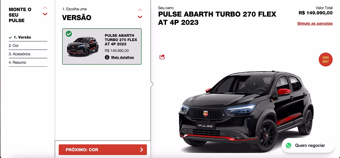Abarth Pulse configurator on desktop: steps on the left, the selected version in the middle, the car and total price on the right.