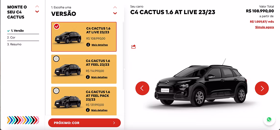 Citroën C4 Cactus configurator on desktop: steps on the left, version cards in the middle, the selected car with monthly price on the right.