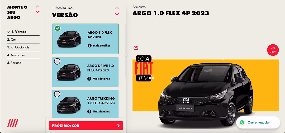 Fiat Argo configurator on desktop: steps on the left, version cards in the middle, the selected car on the right.