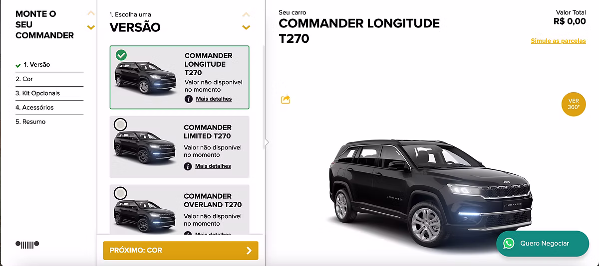 Jeep Commander configurator on desktop: steps on the left, version cards in the middle, the selected car on the right.