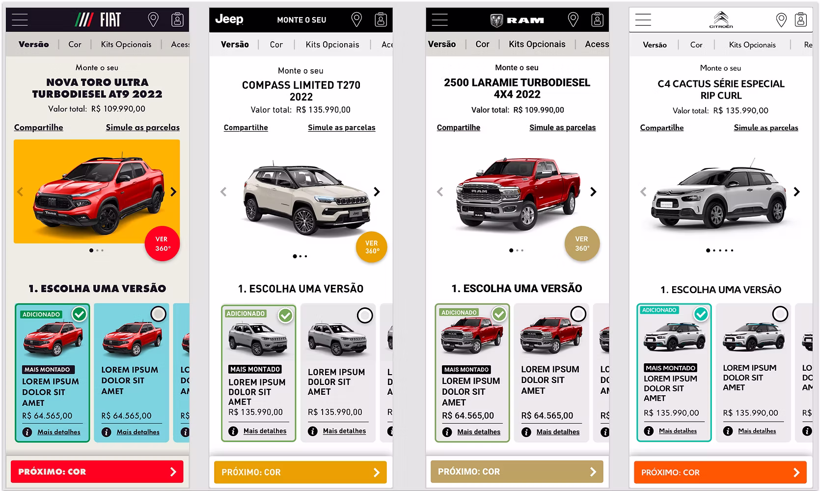 Four mobile screens of the configurator for Fiat, Jeep, RAM and Citroën: the car image with a 360° view button, the total price, and a row of version cards with the selected one marked.