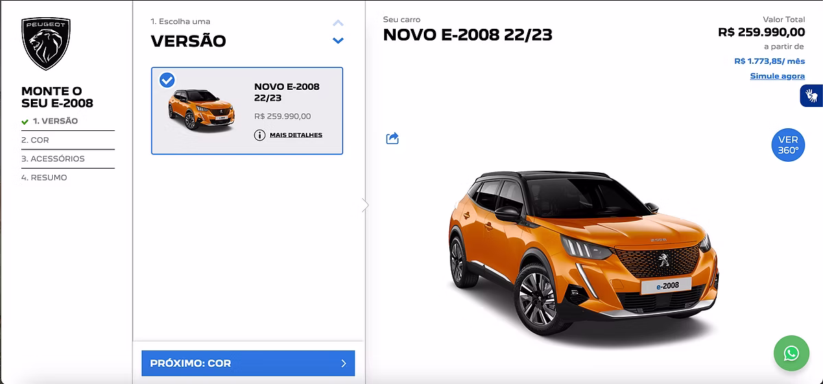 Peugeot e-2008 configurator on desktop: steps on the left, the selected version in the middle, the car with total and monthly price on the right.